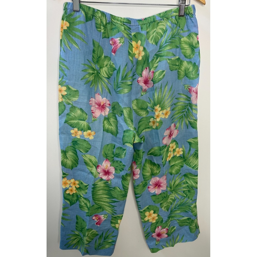 Shegos 100% Linen Pull On Crop Pants Tropical Hibiscus Floral Blue Pink Size 2 - Picture 8 of 10